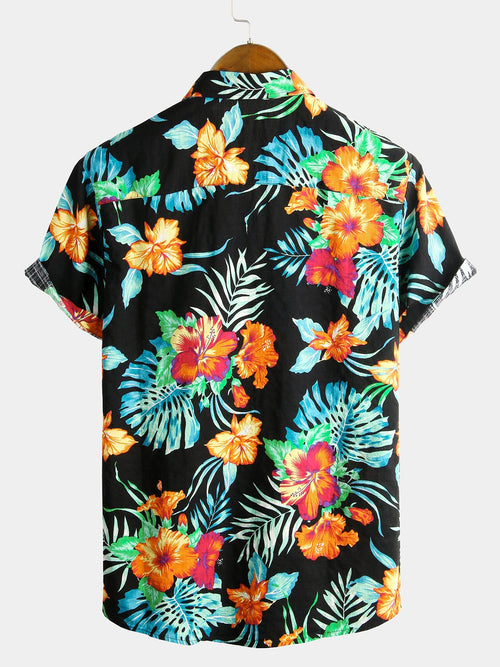 Men's Black Floral Cotton Tropical Hawaiian Vacation Shirt