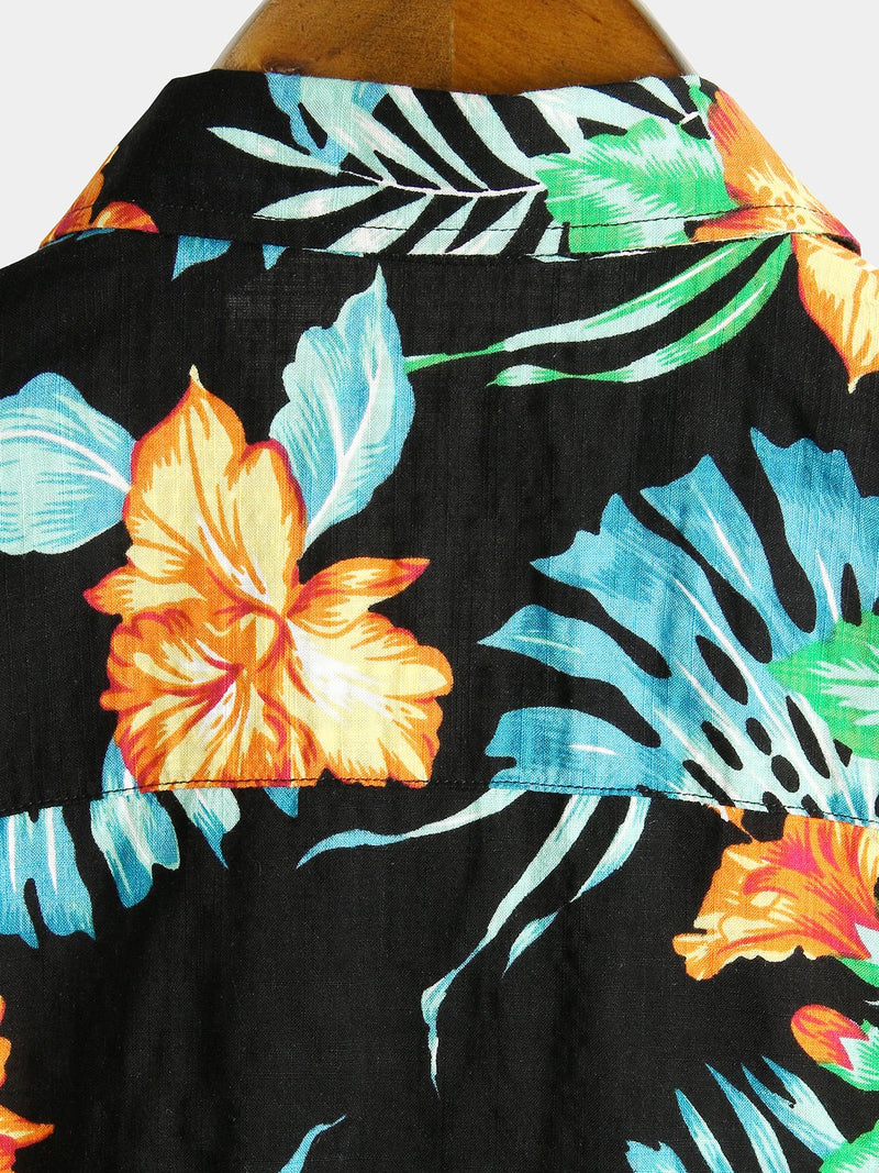 Men's Black Floral Cotton Tropical Hawaiian Vacation Shirt