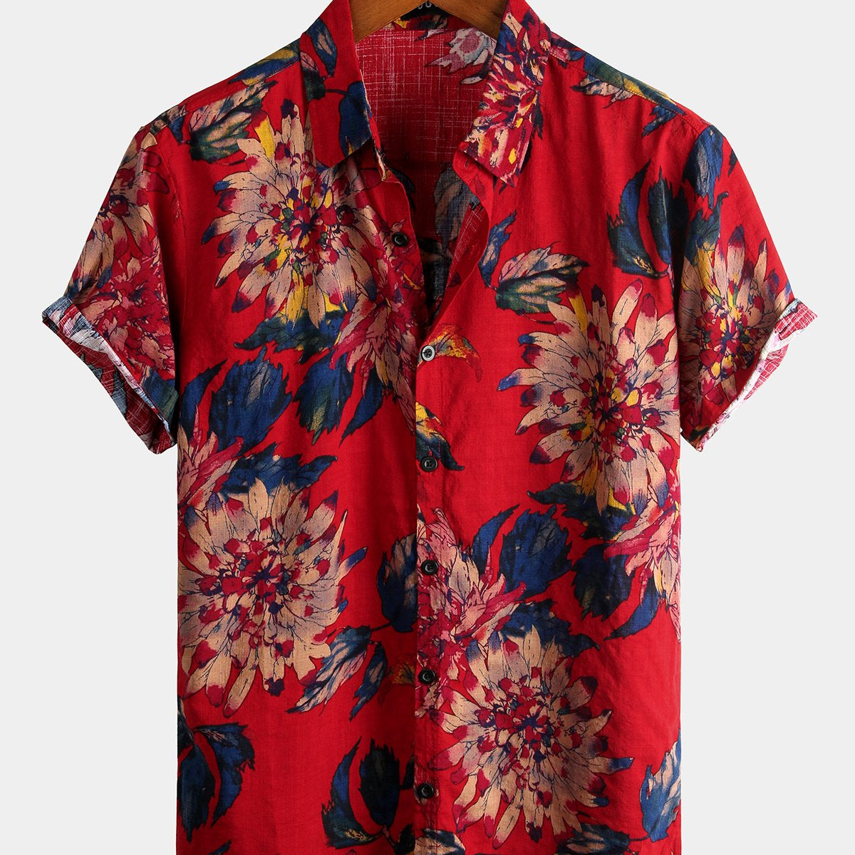 Men's Red Flower Tropical Hawaii Cotton Short Sleeve Shirt