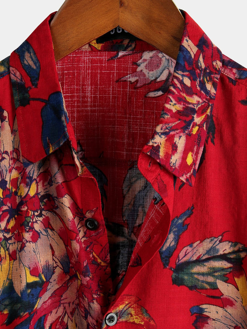 Men's Red Flower Tropical Hawaii Cotton Short Sleeve Shirt