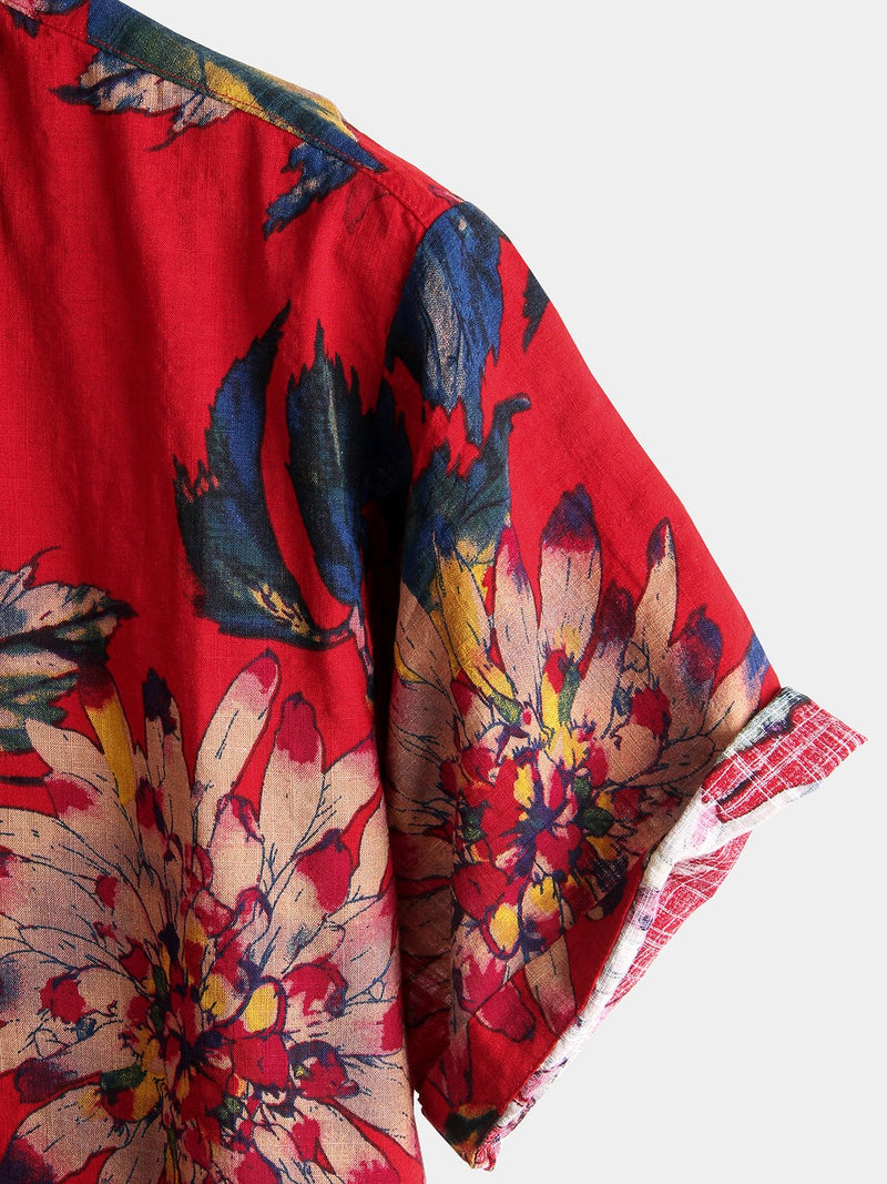 Men's Red Flower Tropical Hawaii Cotton Short Sleeve Shirt