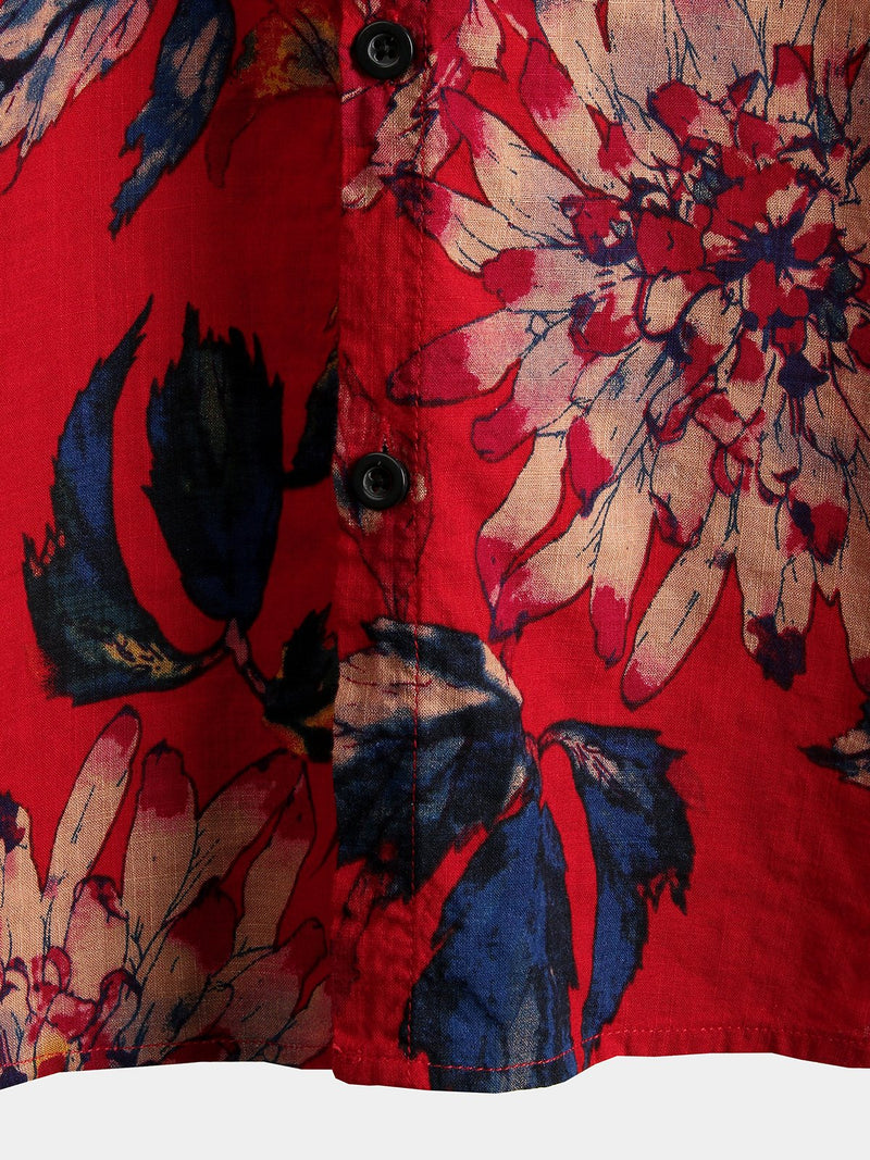 Men's Red Flower Tropical Hawaii Cotton Short Sleeve Shirt