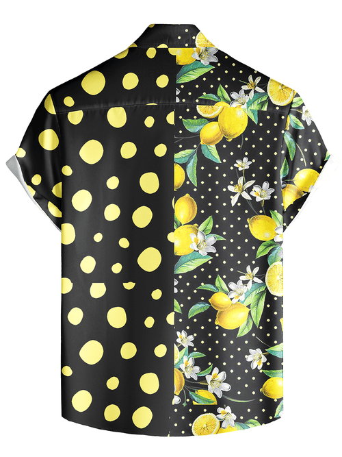 Men's Lemon Polka Dot Patchwork Print Short Sleeve Vacation Button Up Shirt