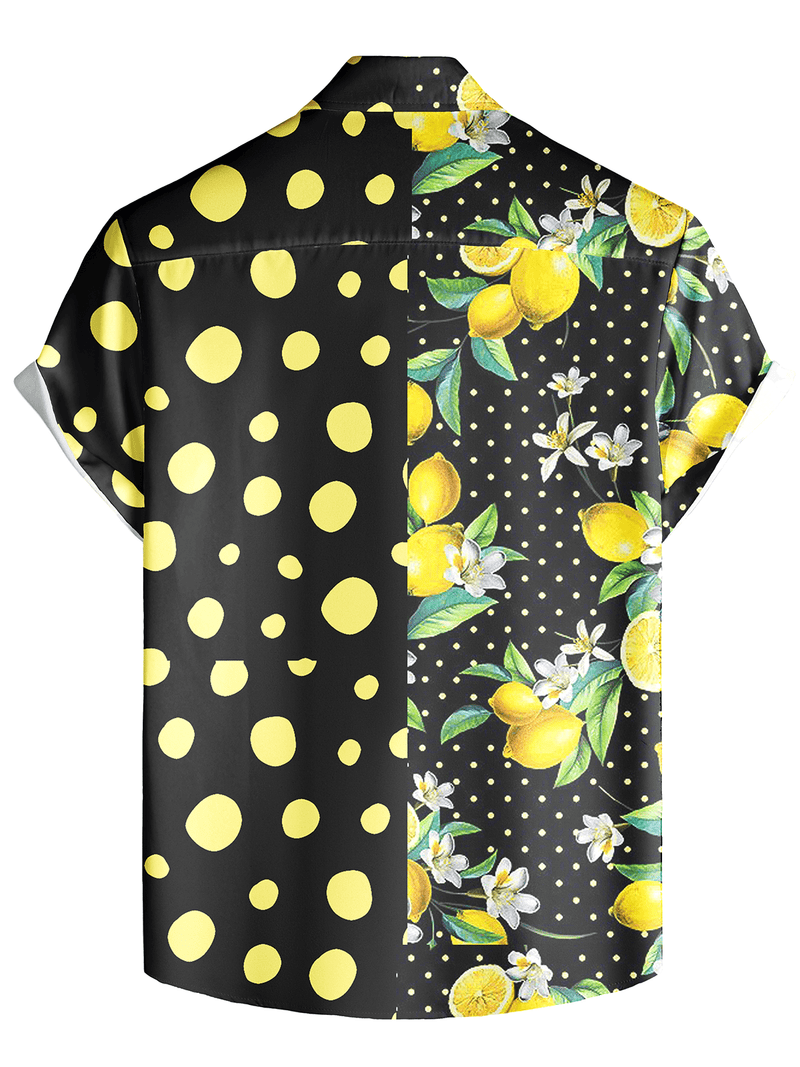Men's Lemon Polka Dot Patchwork Print Short Sleeve Vacation Button Up Shirt