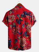 Men's Red Flower Tropical Hawaii Cotton Short Sleeve Shirt