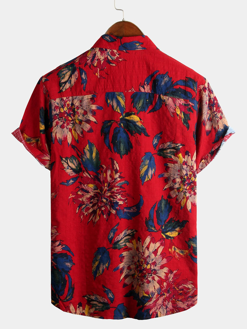 Men's Red Flower Tropical Hawaii Cotton Short Sleeve Shirt