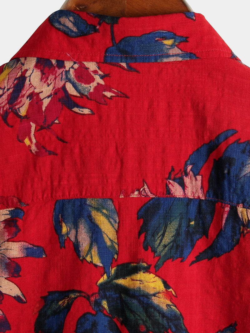 Men's Red Flower Tropical Hawaii Cotton Short Sleeve Shirt