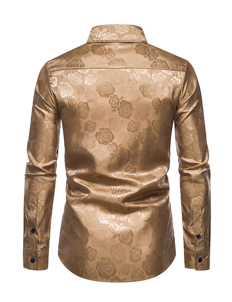 Men's Jacquard Vintage Rose Flower Print Party Prom Long Sleeve Dress Shirt
