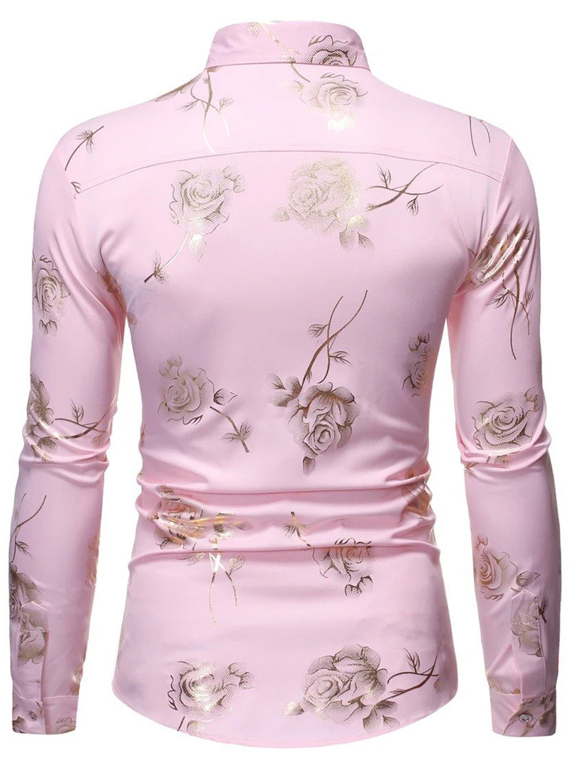 Men's Rose Print Casual Long Sleeve Shirts