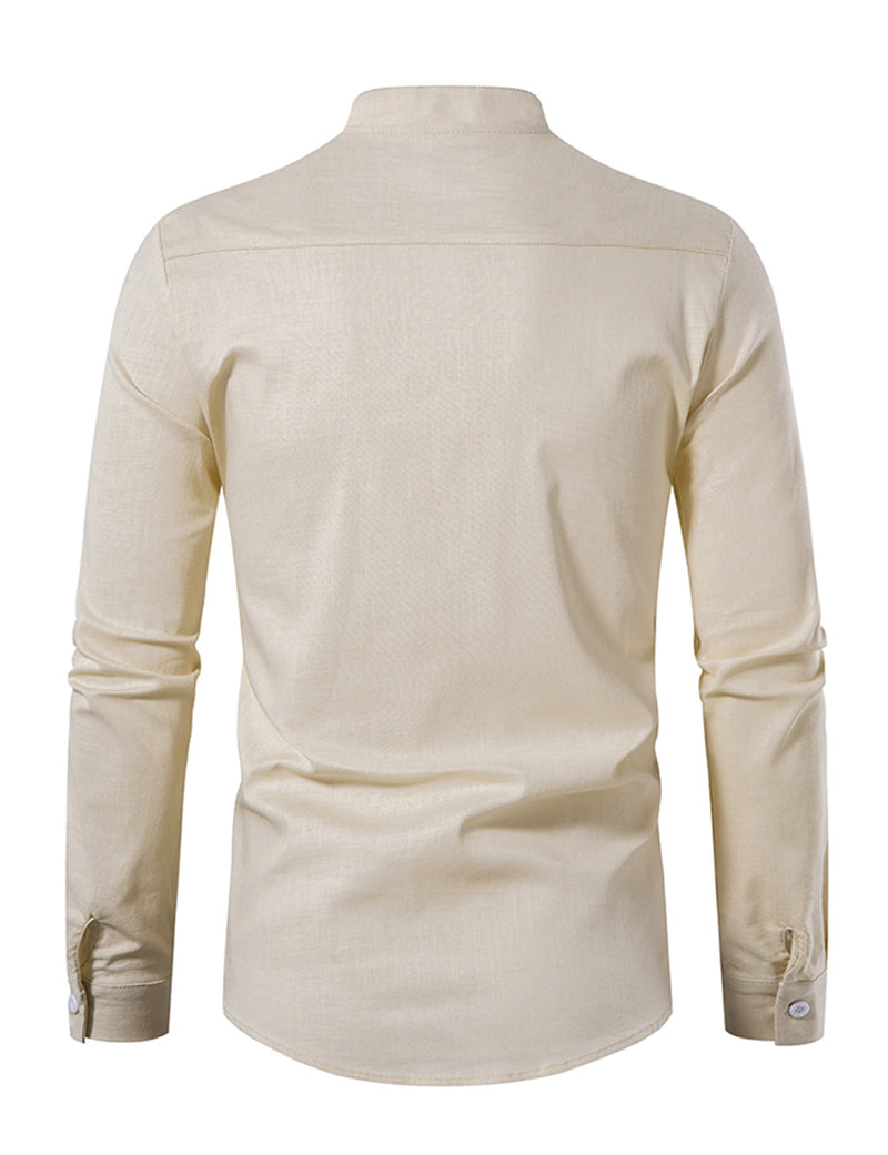Men's Casual Henley Retro Lace Up Cotton Long Sleeve Shirt Drawstring Top