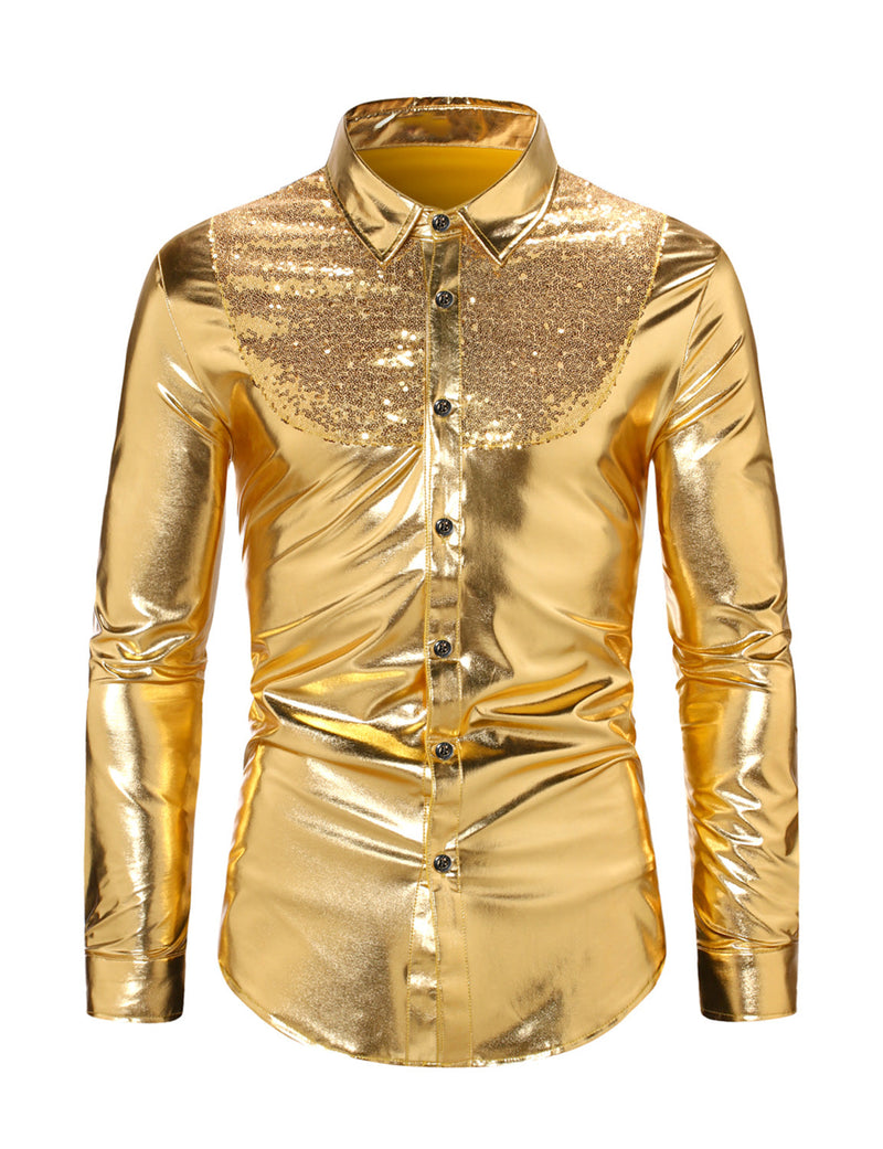 Men's Luxury Shiny Button Up Tuxedo Costume Long Sleeve Party Dress Shirt