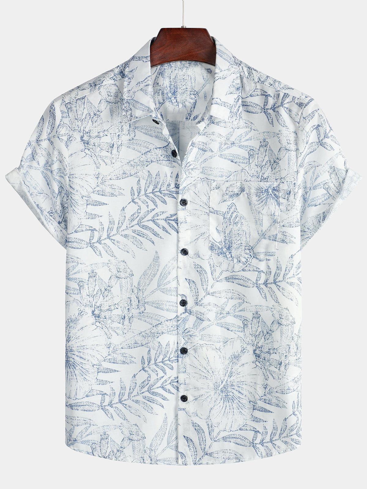 Men's Summer Retro Floral Print Pocket Floral Short Sleeve Button Up White Hawaiian Shirt