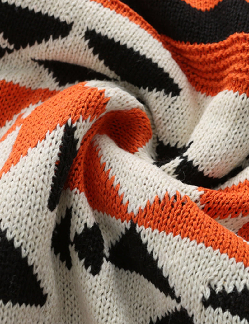Men's Vintage Casual Orange Striped Long Sleeve V Neck Fall Winter Sweater