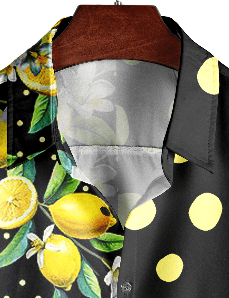Men's Lemon Polka Dot Patchwork Print Short Sleeve Vacation Button Up Shirt
