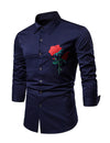 Men's Rose Embroidery Casual Long Sleeve Button Dress Shirt