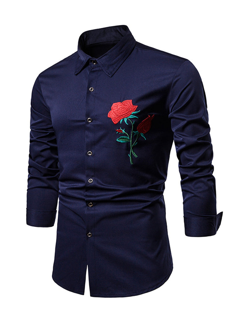 Men's Rose Embroidery Casual Long Sleeve Button Dress Shirt