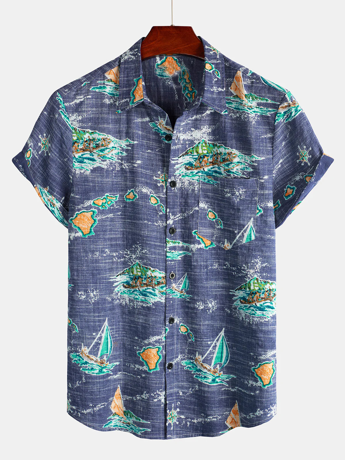 Men's Cotton Navy Blue Hawaiian Islands Cruise Beach Button Up Pocket Summer Short Sleeve Aloha Shirt
