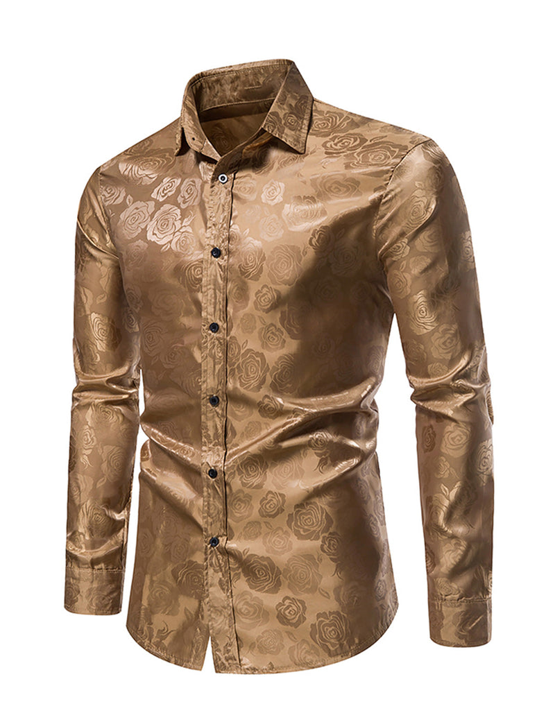 Men's Jacquard Vintage Rose Flower Print Party Prom Long Sleeve Dress Shirt