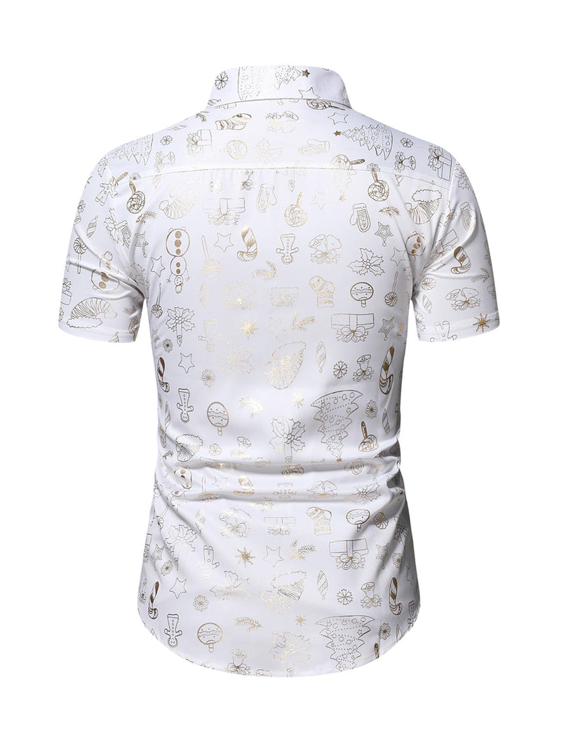 Men's Christmas Gold Print Holiday Party Button Up Short Sleeve Shirt