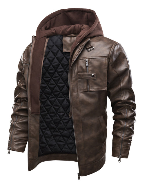 Men's Motorbike Winter Leather Bomber Motorcycle Jacket with Removable Hood