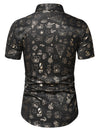 Men's Christmas Gold Print Holiday Party Button Up Short Sleeve Shirt