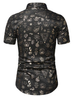 Men's Christmas Gold Print Holiday Party Button Up Short Sleeve Shirt