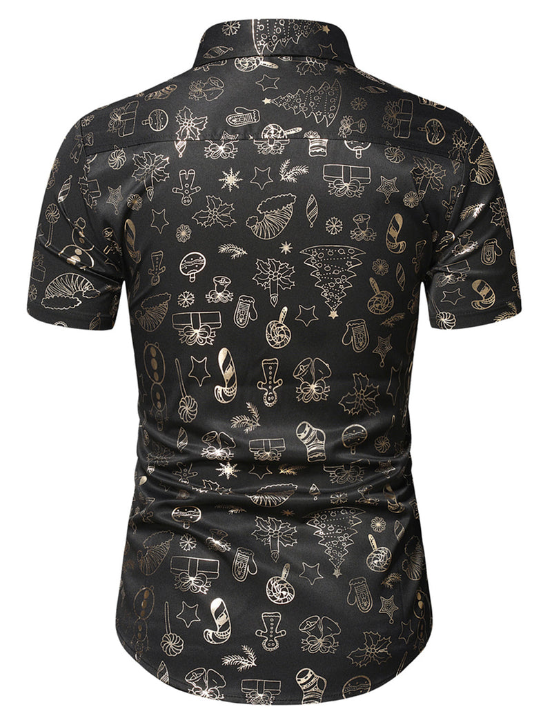 Men's Christmas Gold Print Holiday Party Button Up Short Sleeve Shirt