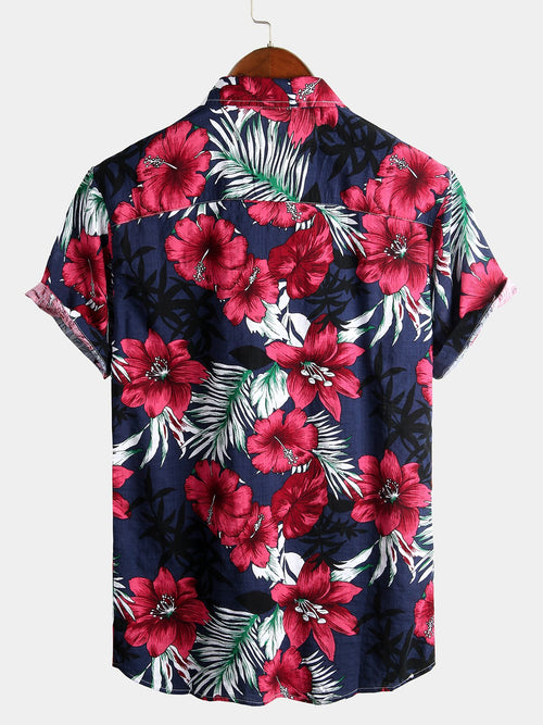 Men's Flower Tropical Hawaii Cotton Short Sleeve Shirt