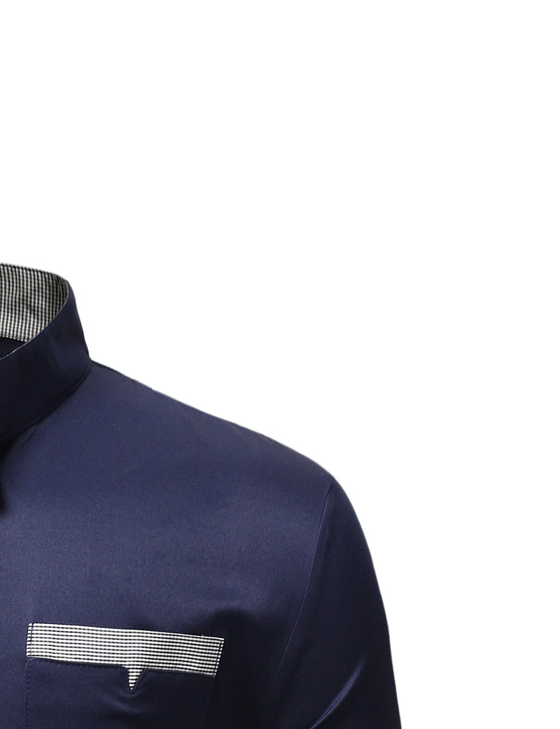 Men's Stand Collar Solid Plaid Pocket Button Up Long Sleeve Shirt