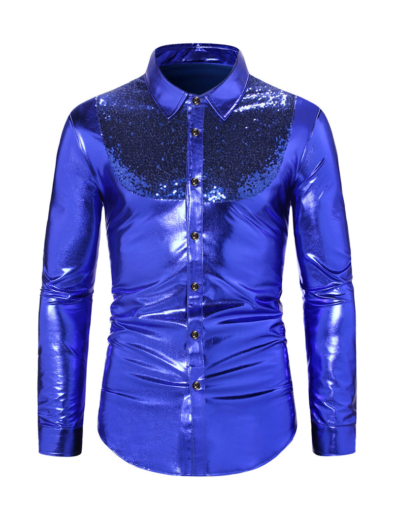 Men's Button Up Luxury Shiny Tuxedo Party Costume Long Sleeve Dress Shirt