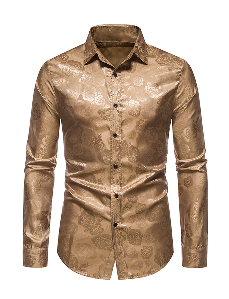 Men's Jacquard Vintage Rose Flower Print Party Prom Long Sleeve Dress Shirt