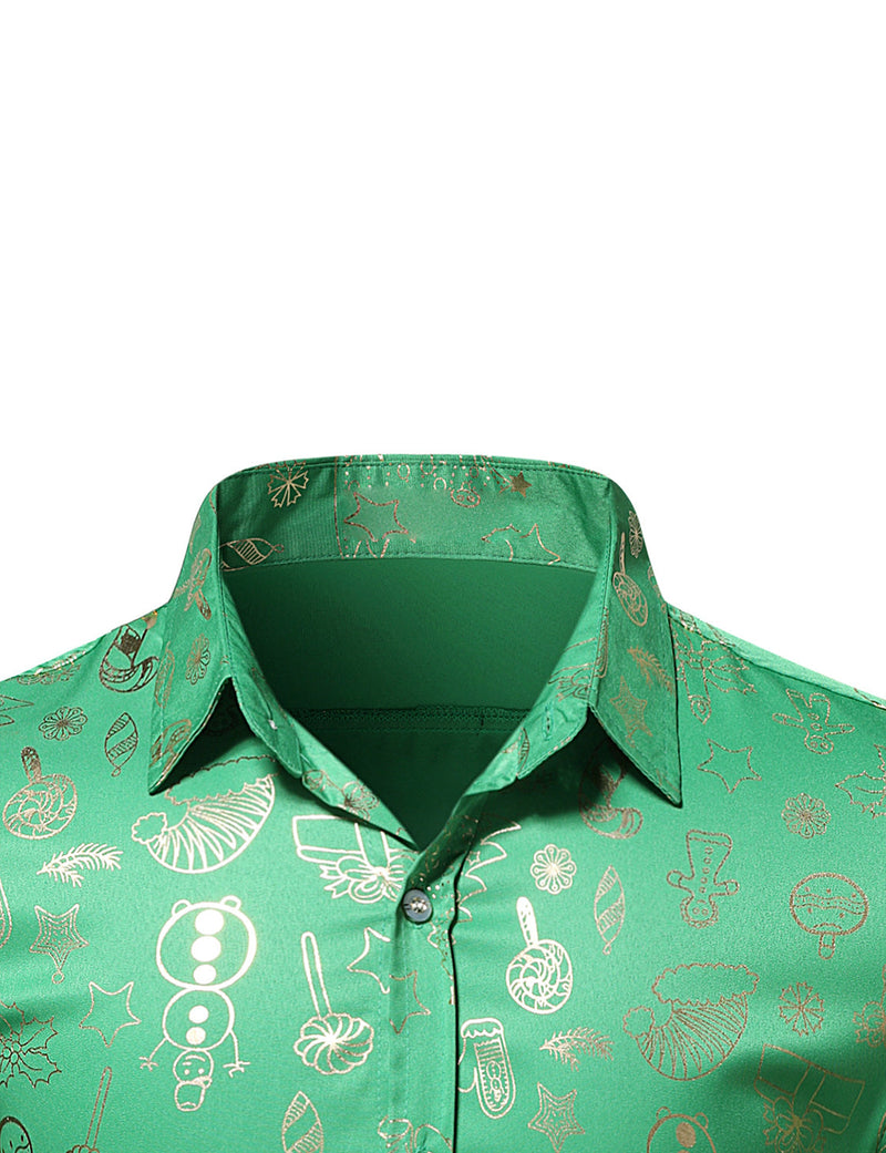 Men's Christmas Gold Print Holiday Party Button Up Short Sleeve Shirt
