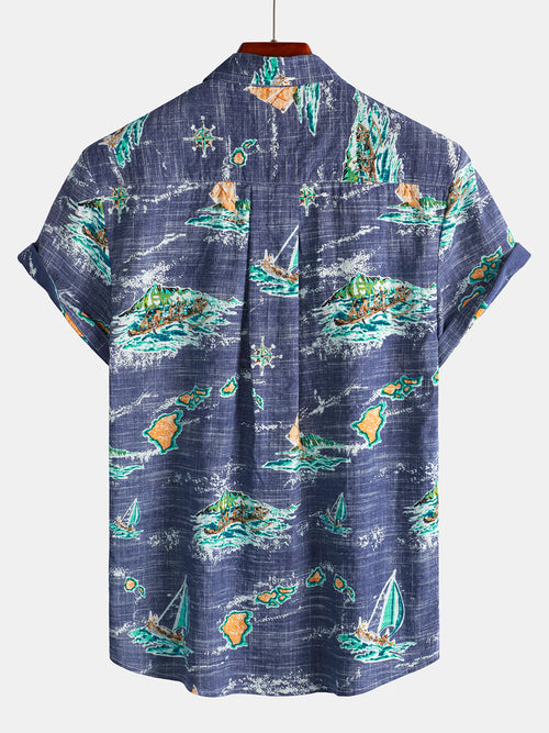 Men's Cotton Navy Blue Hawaiian Islands Cruise Beach Button Up Pocket Summer Short Sleeve Aloha Shirt