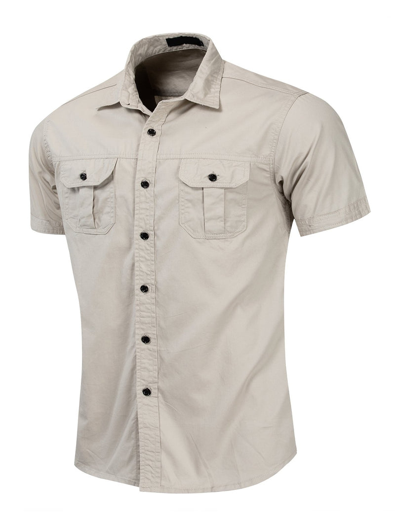 Men's casual outdoor pocket cotton short sleeve shirt