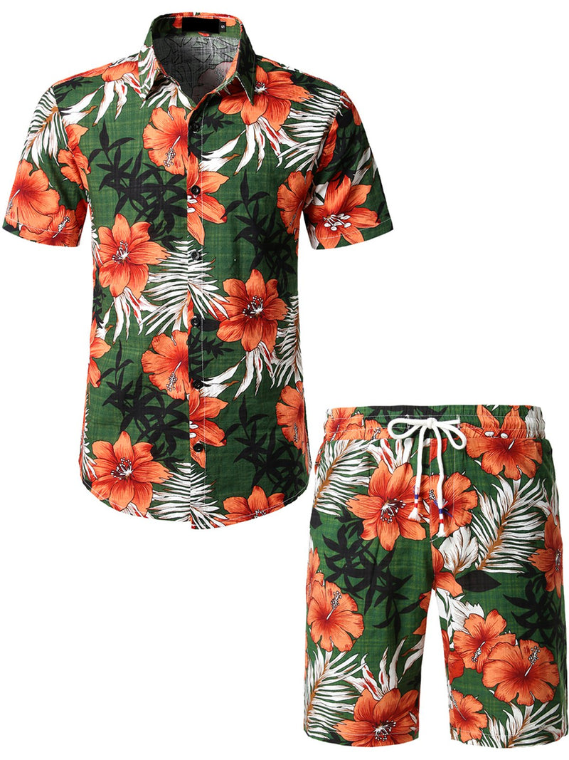 Men's Flower Casual Button Down Hawaiian Shirts&Shorts