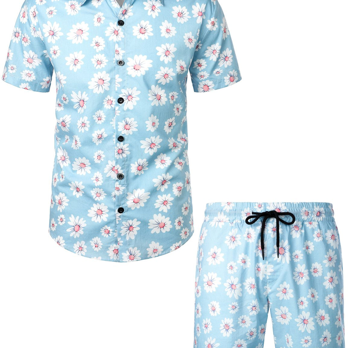Men's Flower Casual Cotton Button Down Hawaiian Shirts&Shorts