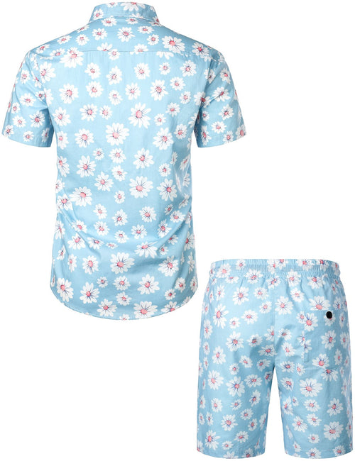Men's Flower Casual Cotton Button Down Hawaiian Shirts&Shorts