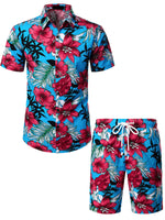 Men's Flower Casual Button Down Hawaiian Shirts&Shorts