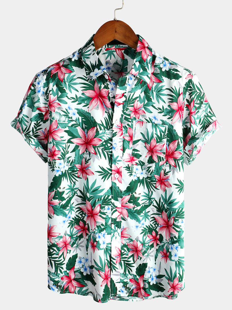 Men's White Tropical Floral Pocket Holiday Cotton Shirt