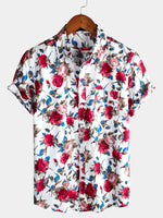 Men's White Floral Print Holiday Cotton Rose Shirt
