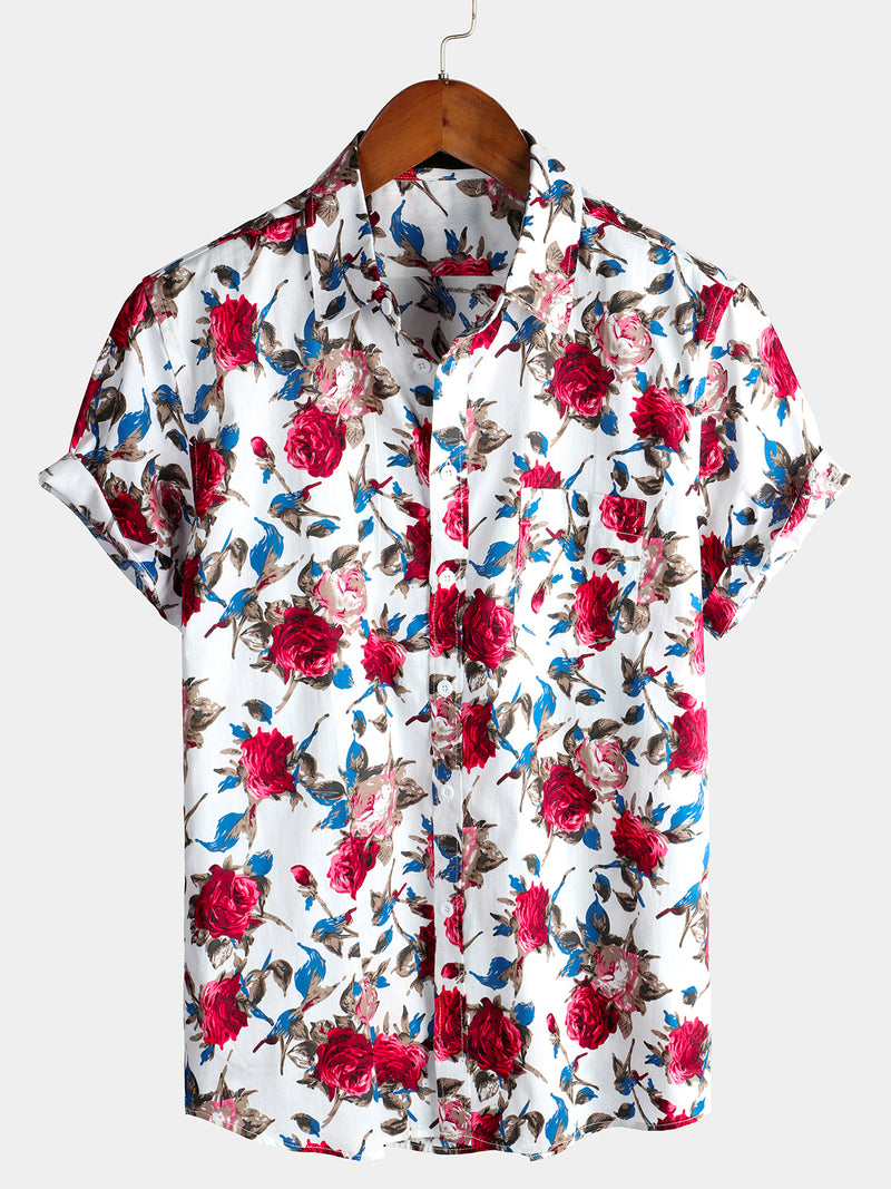 Men's White Floral Print Holiday Cotton Rose Shirt
