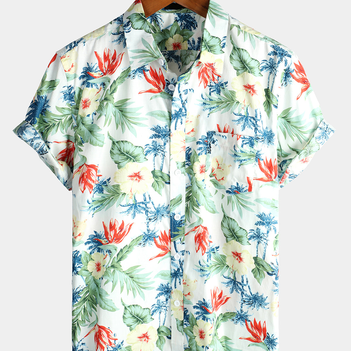 Men's Tropical Floral White Pocket Holiday Cotton Short Sleeve Shirt
