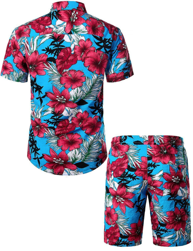 Men's Flower Casual Button Down Hawaiian Shirts&Shorts