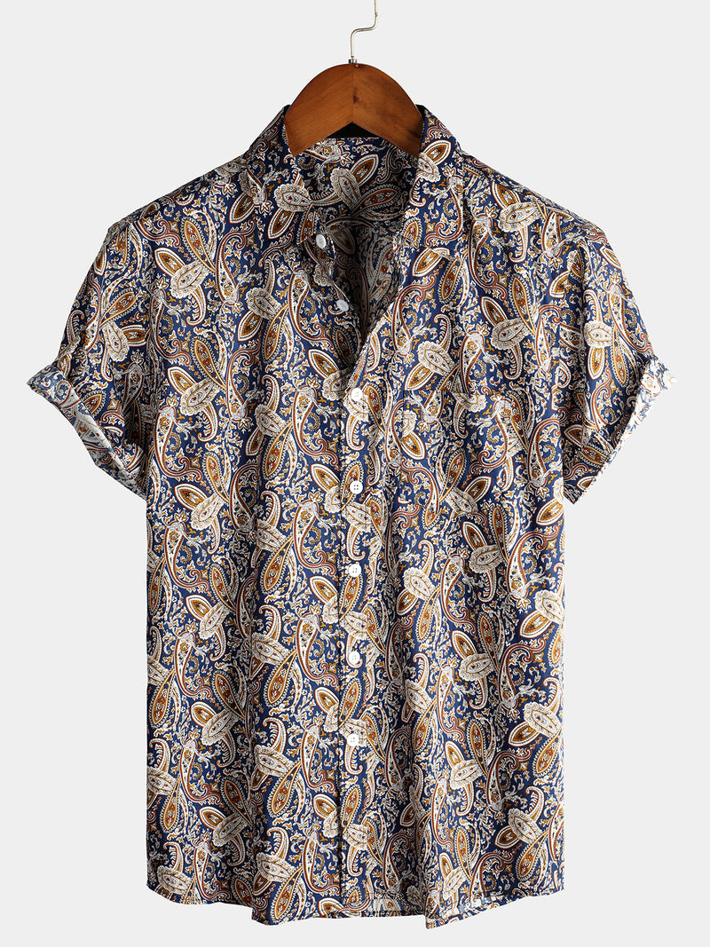 Men's Vintage Paisley Pocket Holiday Cotton Short Sleeve Shirt