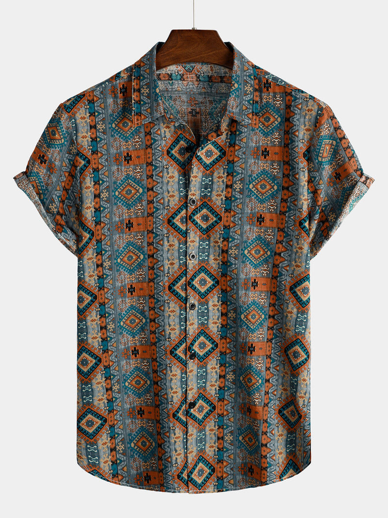 Men's Casual Vintage Short Sleeve 70s Retro Patchwork Button Up Lapel Shirt