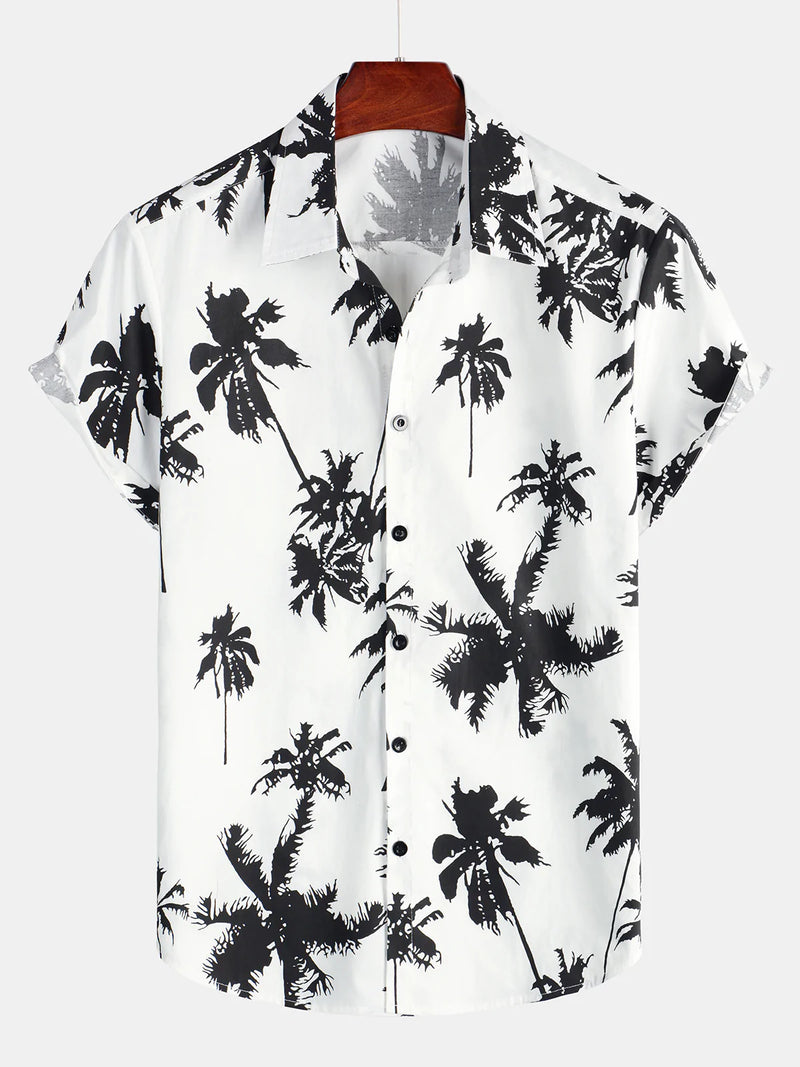 Men's Tropical Palm Tree Print Cotton White Hawaiian Short Sleeve Summer Beach Cruise Camp Shirt