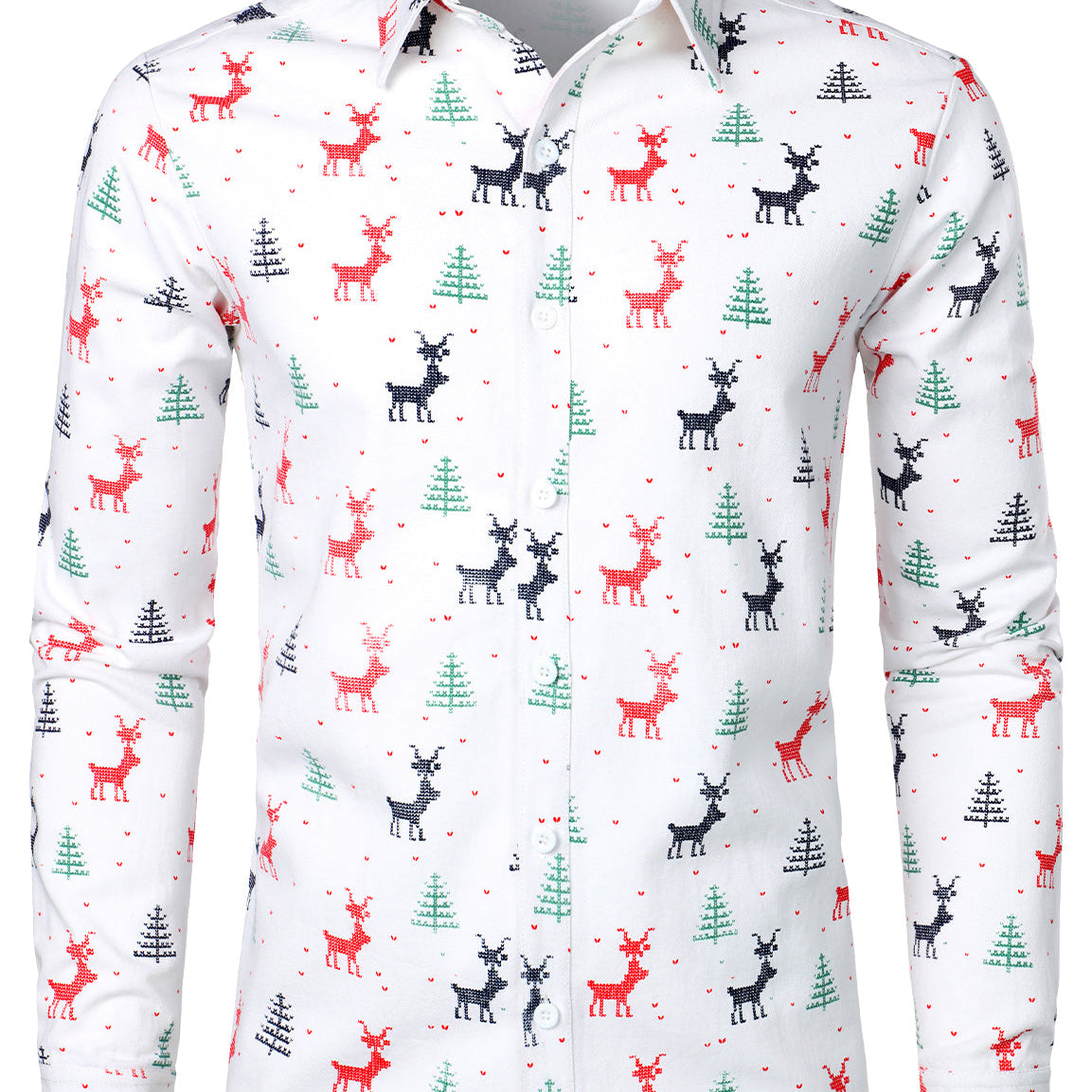 Men's Christmas Tree Elk Print Breathable Red Long Sleeve Shirt