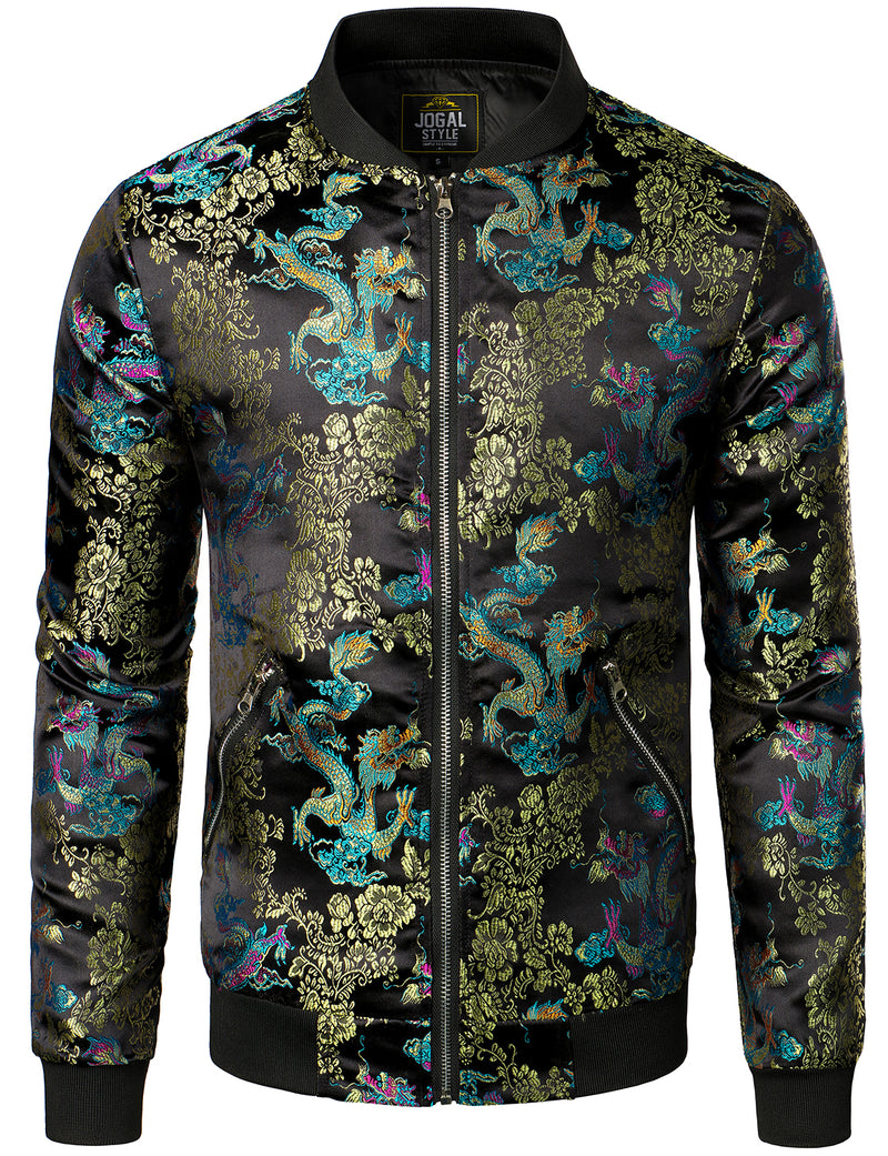 Men's Vintage Embroidered Satin Flight Bomber Jacket Coat