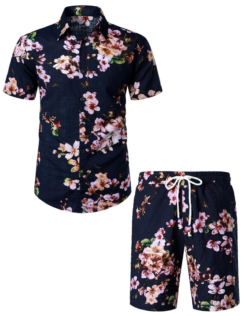 Men's Flower Print Hawaiian Shirt & Shorts Set