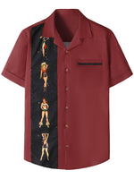 Men's 50s Rockabilly Style Retro Bowling Burgundy Button Up Short Sleeve Shirt